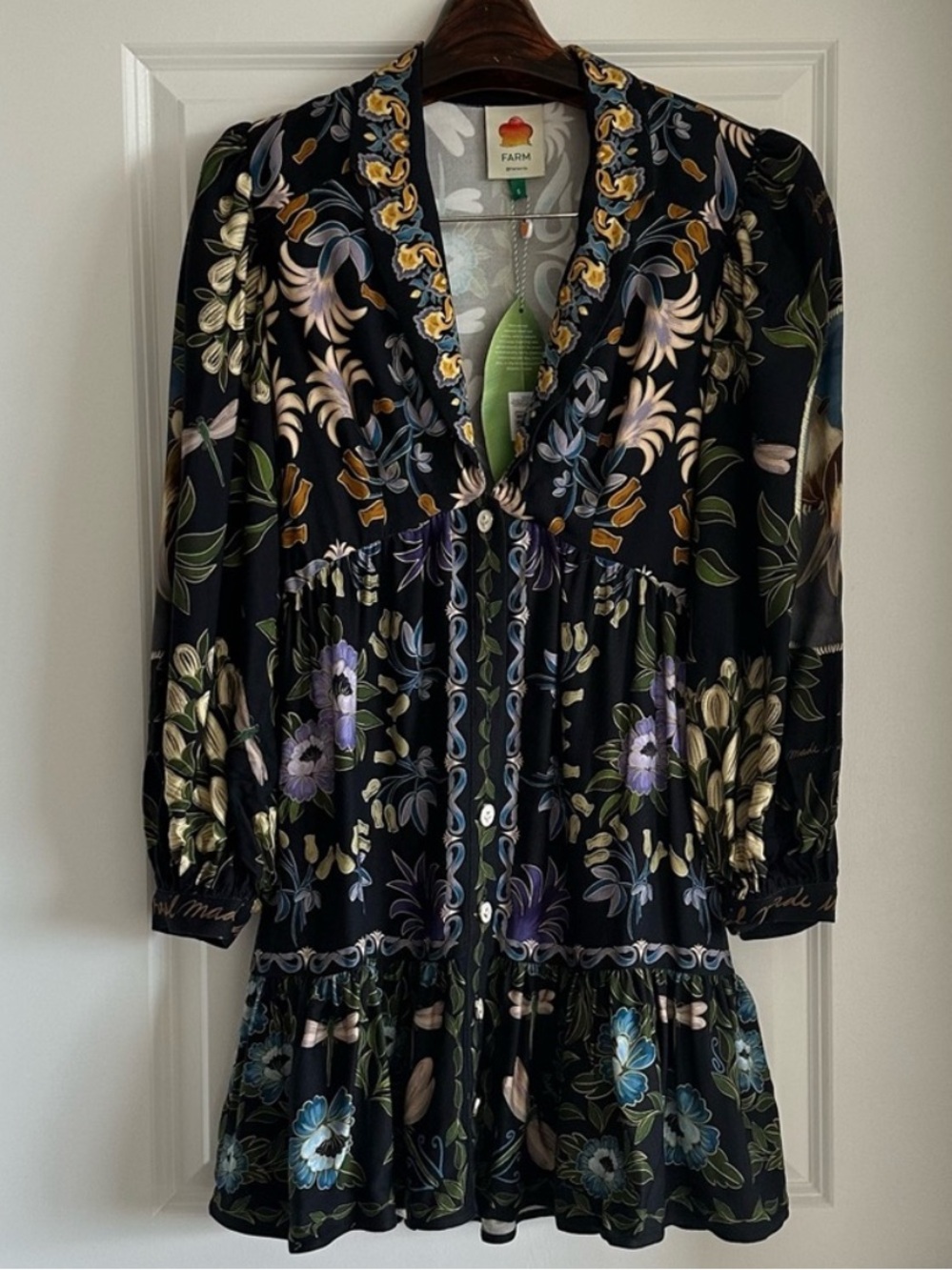 Farm Rio Black Winter Garden Mini Dress Long Sleeves - Picture 5 of 13